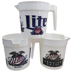 Miller Beer Pitchers Set‎ of 3 White Plastic Lite Genuine Draft Vintage USA